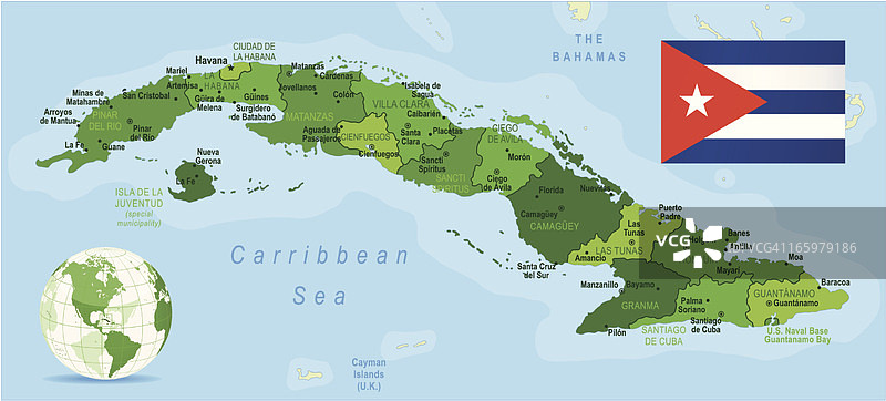 古巴地图与州、城市和旗帜图片素材