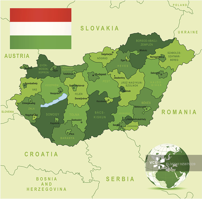 匈牙利绿色地图：州、城市和国旗图片素材