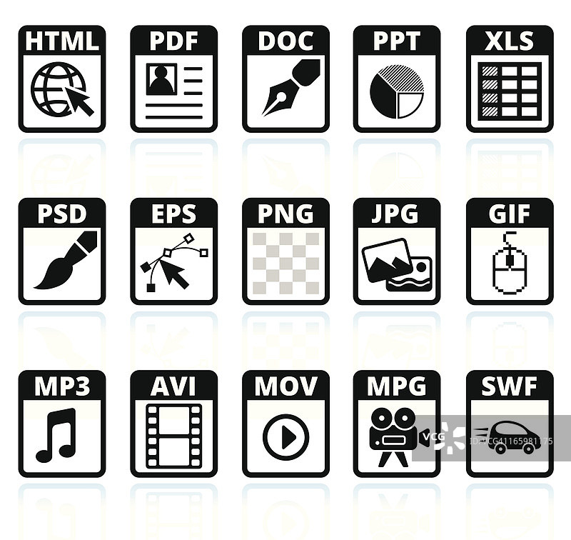 文件类型和格式黑白矢量图标集图片素材