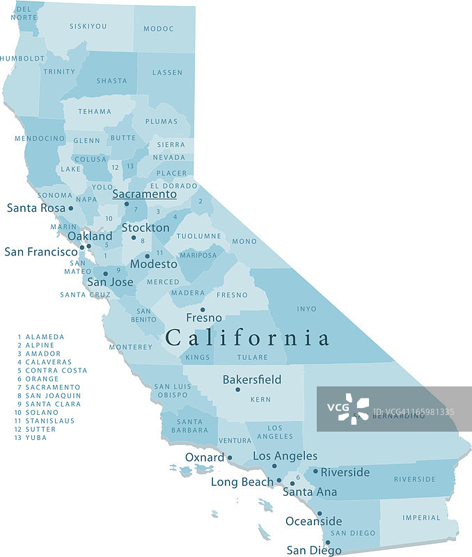 加利福尼亚州矢量地图区域图片素材