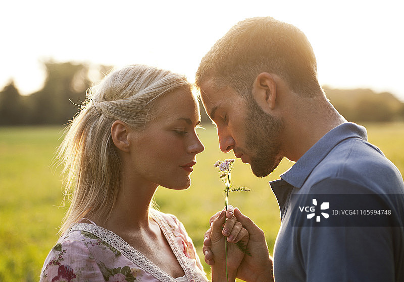 年轻夫妇在闻花香图片素材