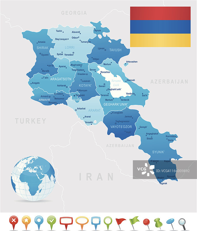 亚美尼亚地图：州、城市、旗帜和图标图片素材
