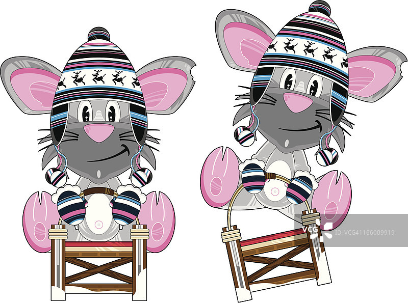 戴绒帽坐雪橇的卡通老鼠图片素材