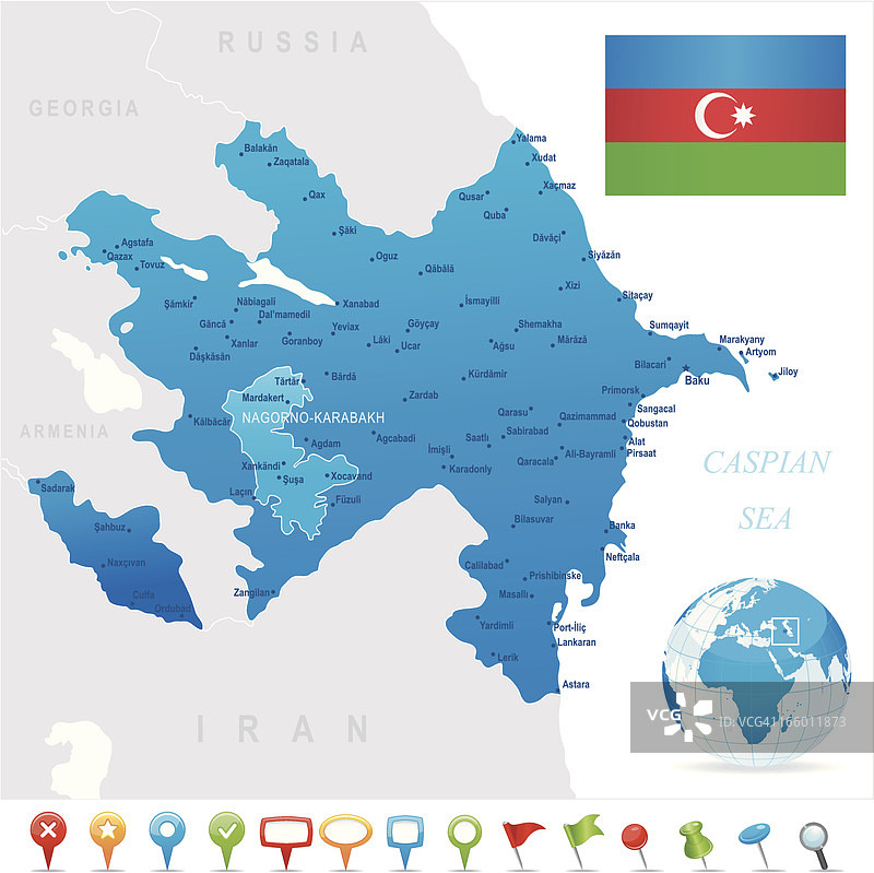 阿塞拜疆地图：州、城市、旗帜和图标图片素材