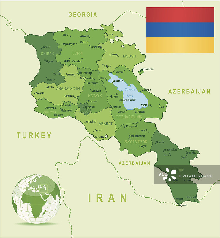 亚美尼亚绿色地图：州、城市和旗帜图片素材