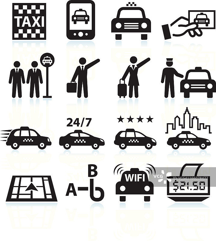 商人乘坐出租车黑白矢量图标集图片素材