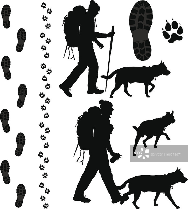 背包徒步旅行者和他的狗与脚印，足迹图片素材