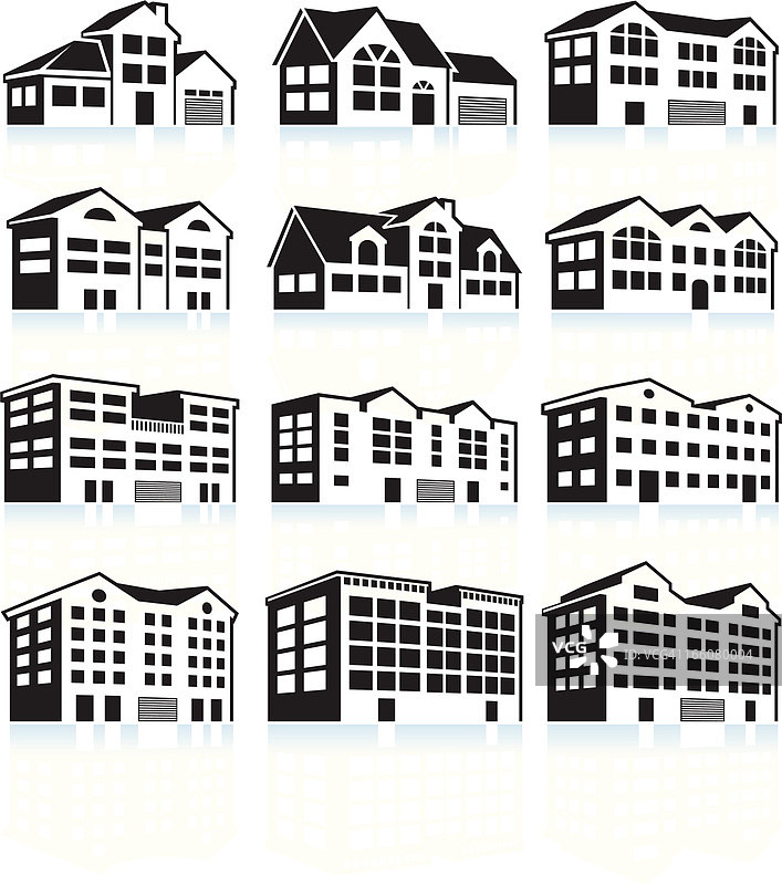 3D房屋和公寓楼黑白图标集图片素材