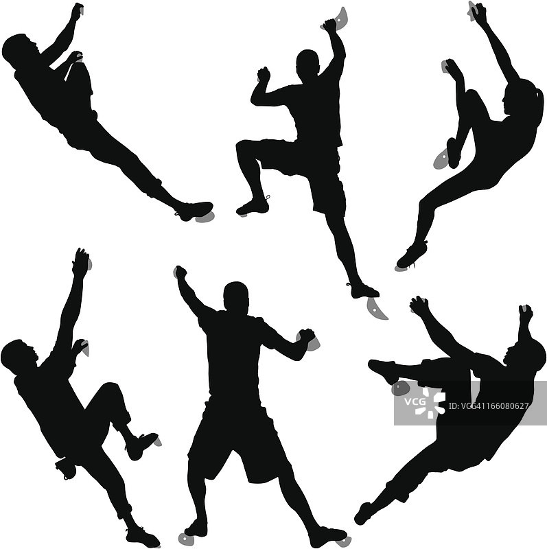 室内攀岩馆中六名攀岩者的剪影图片素材