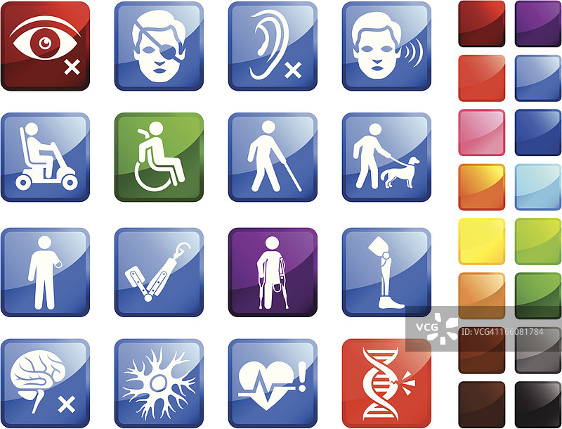 受伤和残疾免版税矢量图标贴纸套装图片素材