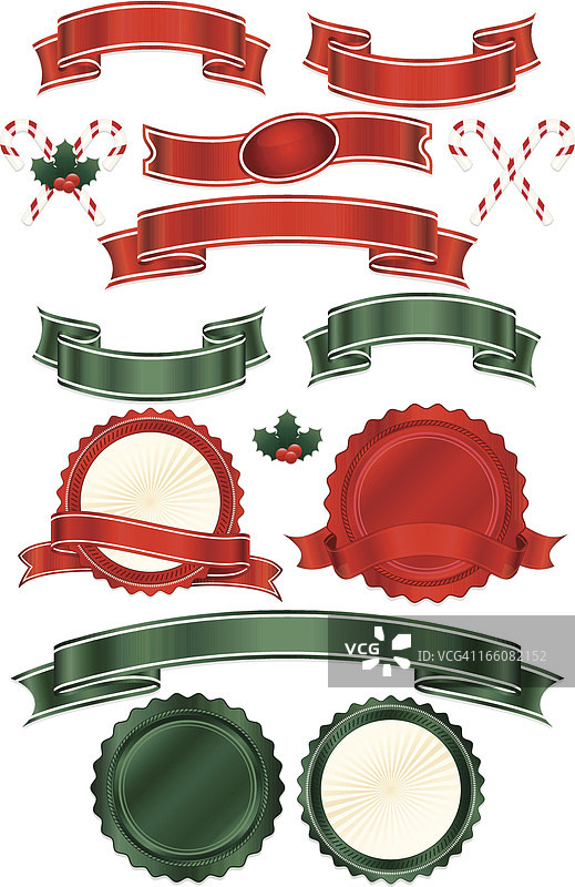红色、绿色、白色丝带、封印；可选圣诞冬青、糖果棒图片素材