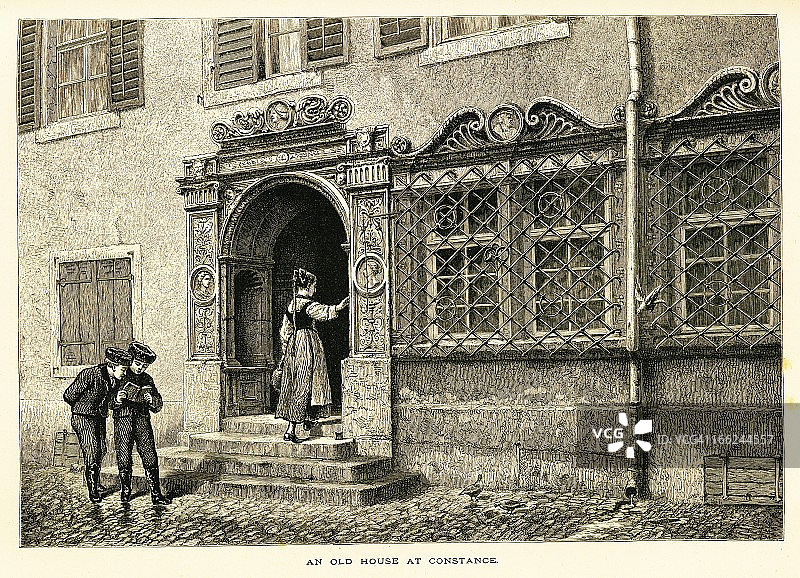 德国康斯坦茨的老房子（古董木刻版画）图片素材