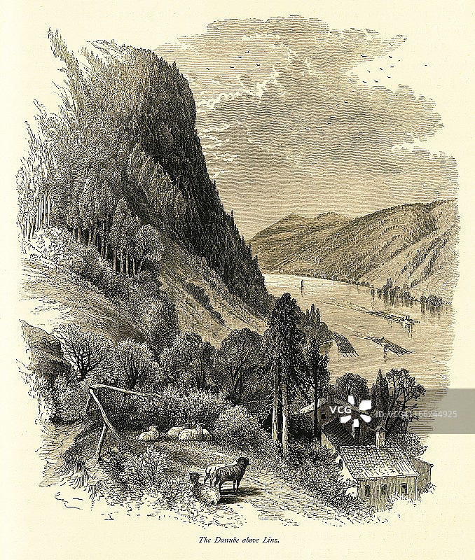 奥地利林茨上方的多瑙河（古董木刻）图片素材