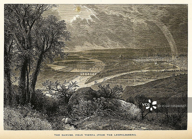 奥地利维也纳附近的多瑙河（古董木刻）图片素材