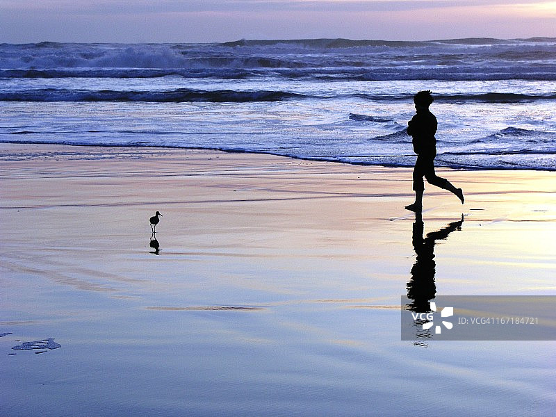 海滩上跑步者的日落景色图片素材