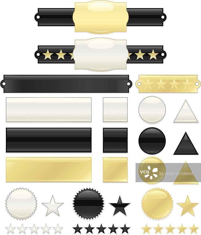 界面图标、标签、缎带、按钮、标签集：金色、黑色、白色图片素材