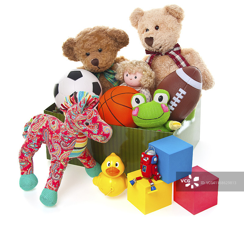 装满玩具和毛绒动物的捐赠箱图片素材