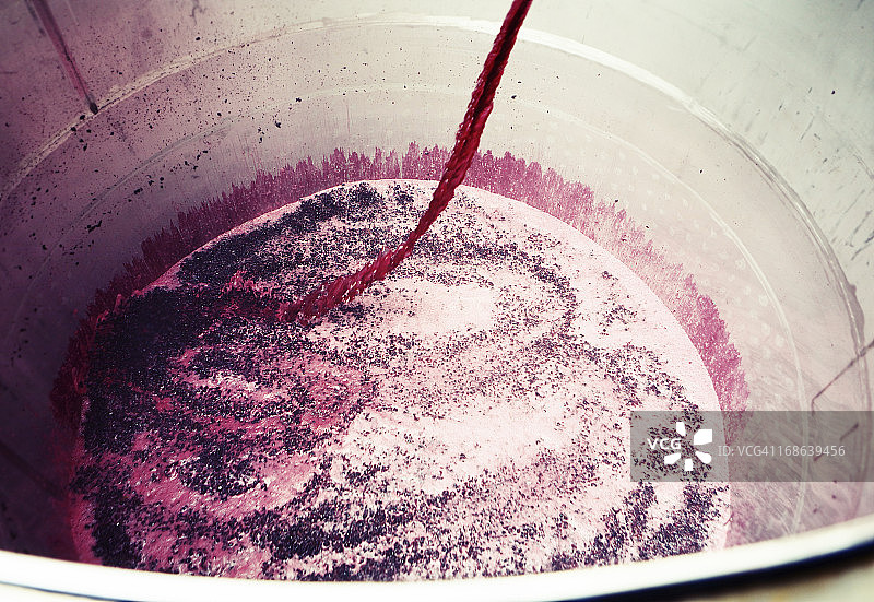 在酿酒厂，葡萄汁倒入不锈钢罐中图片素材