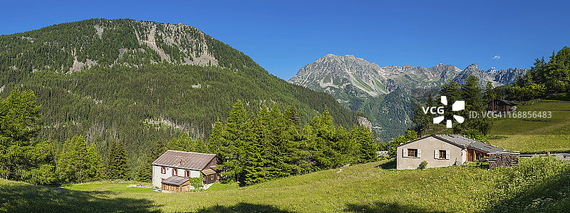 风景如画的阿尔卑斯山小木屋，绿色夏季森林图片素材