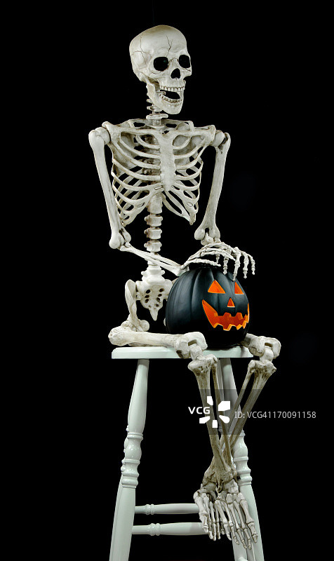 黑色背景上的骷髅和南瓜灯图片素材