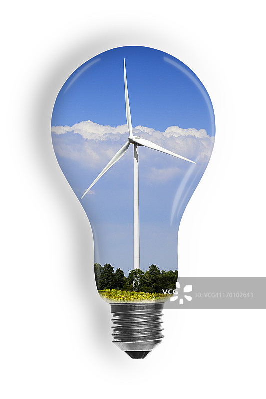 带有灯泡和风力涡轮机的绿色能源概念图片素材