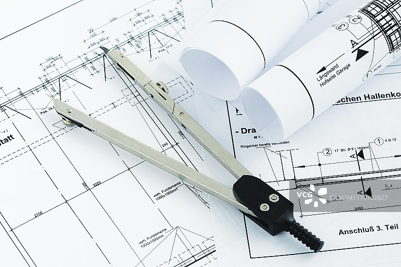 带有绘图罗盘的房屋建筑蓝图图片素材