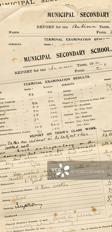 旧学校报告单图片素材