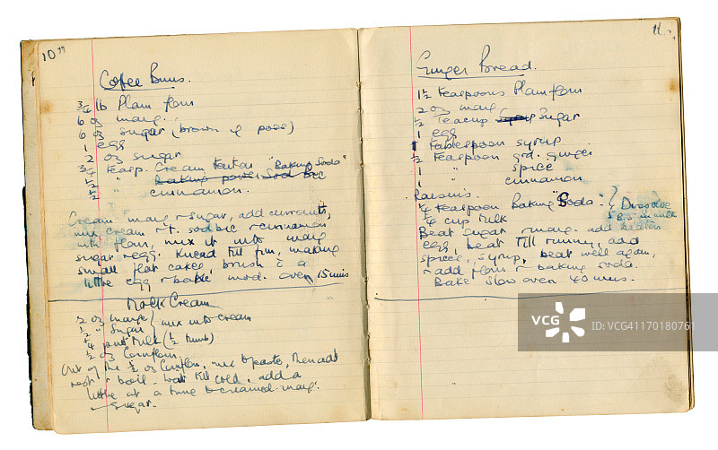 咖啡面包、仿奶油和姜饼的旧食谱图片素材