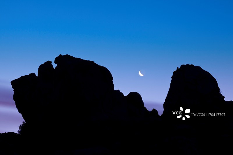 美国加利福尼亚州阿拉巴马山，孤松附近的新月和黎明前的天空图片素材