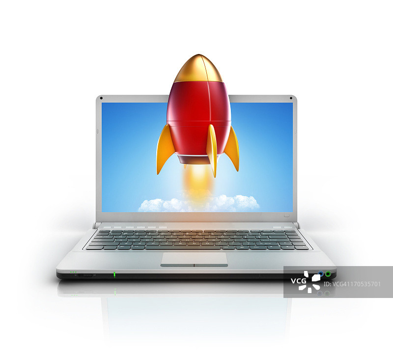 笔记本电脑屏幕上发射的金属时尚火箭图片素材