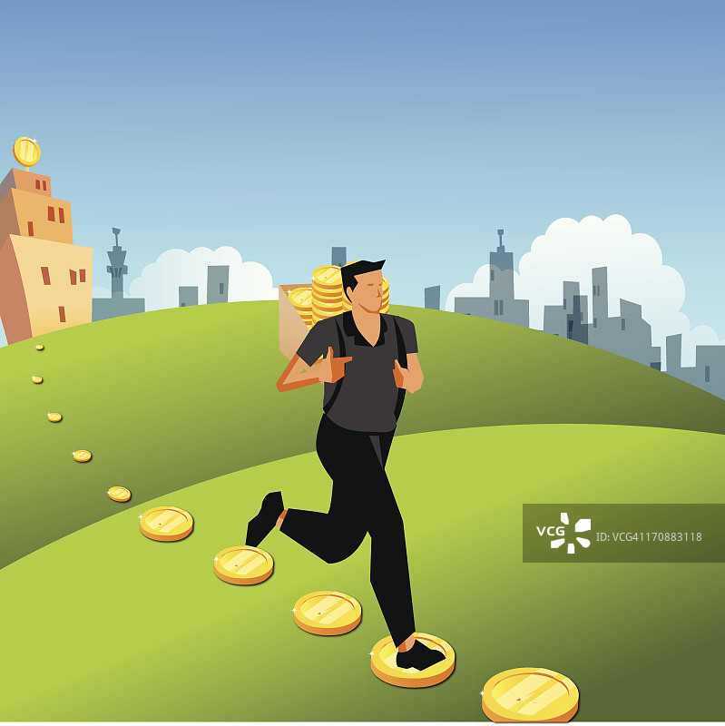 背着一袋硬币跑步的男人图片素材