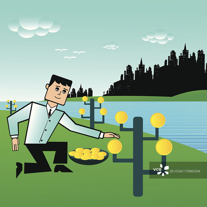 在河边收获金钱的商人图片素材