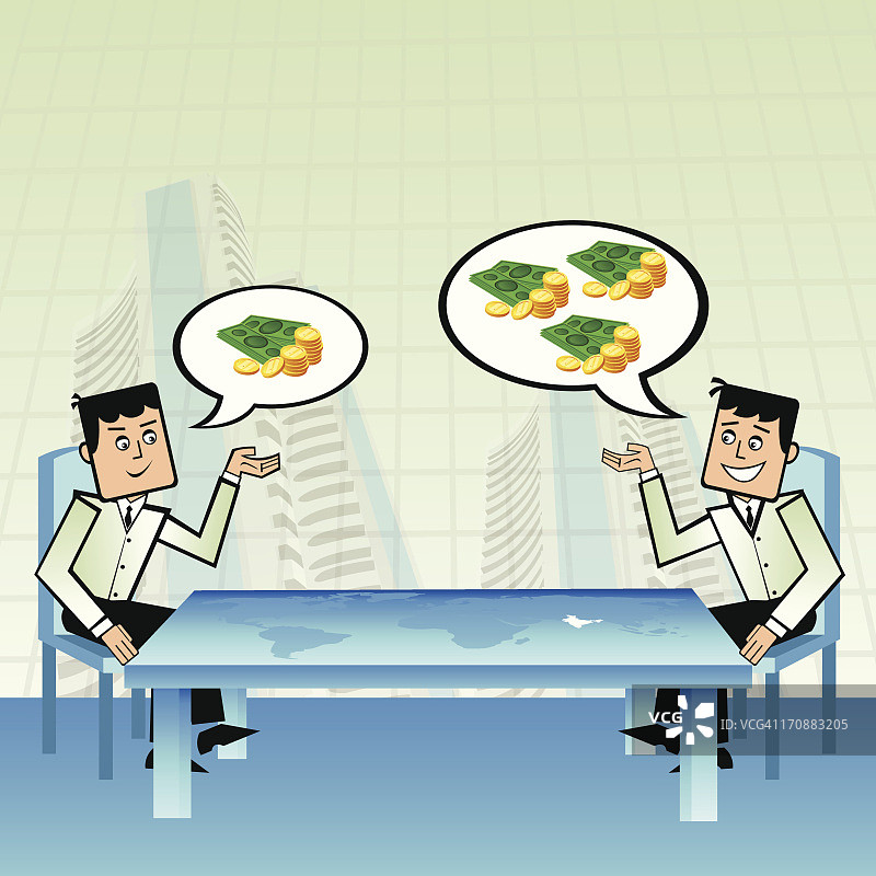 两名商人计划投资股票交易所（含世界地图）图片素材