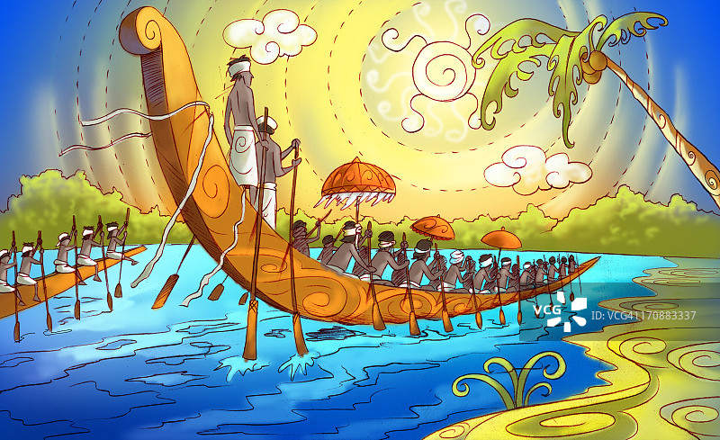 在印度喀拉拉邦，一群人参加蛇形赛艇比赛图片素材