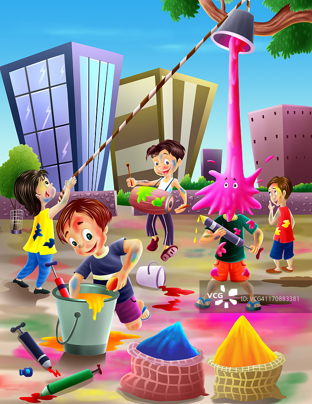 孩子们庆祝洒红节图片素材