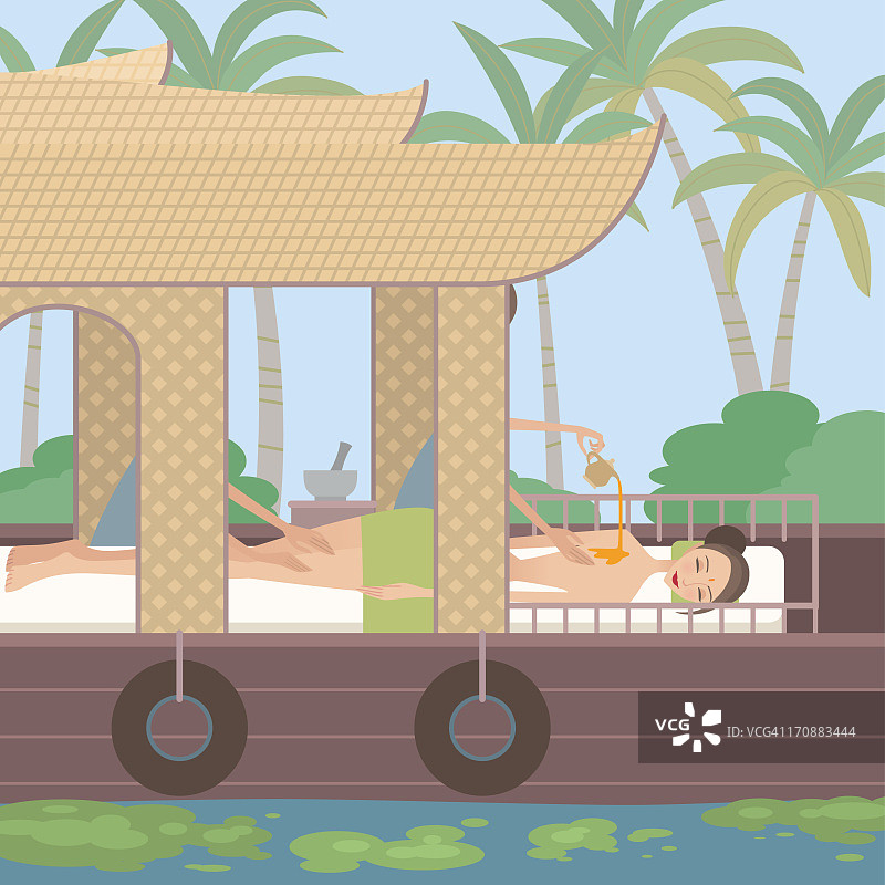 在印度喀拉拉邦的回水区船屋上，按摩理疗师为女子进行背部按摩图片素材