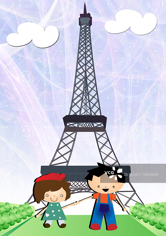 男孩和女孩在巴黎埃菲尔铁塔前的公园里图片素材