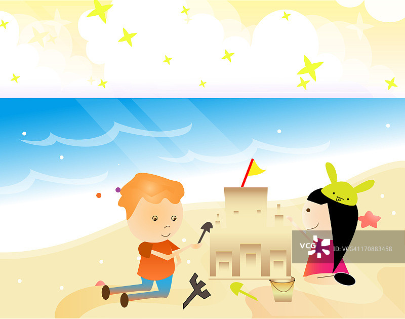 男孩和女孩在海滩上玩沙子图片素材