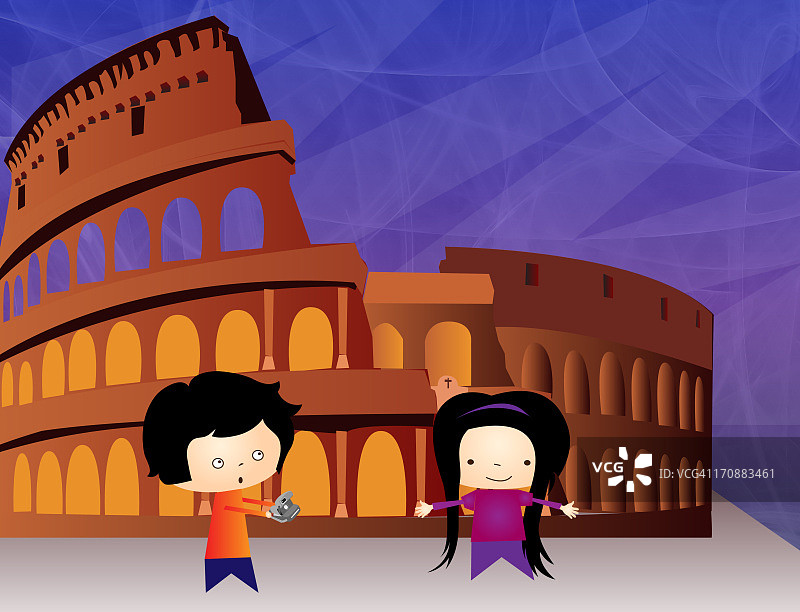 男孩和女孩站在意大利罗马斗兽场前图片素材