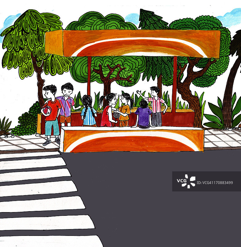 孩子们在公交车站等候图片素材