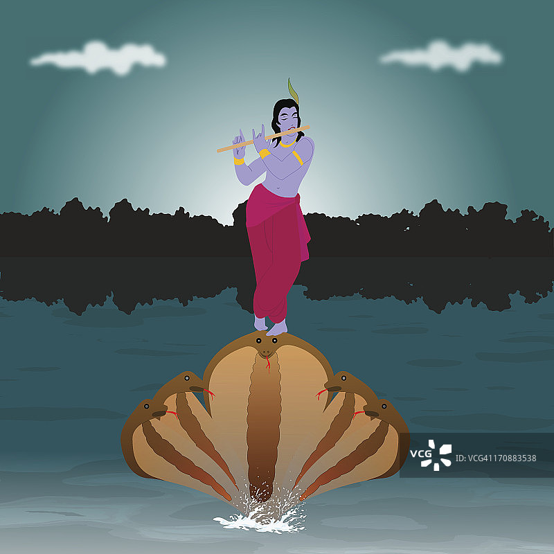 奎师那神在卡利亚眼镜蛇头上吹笛子图片素材