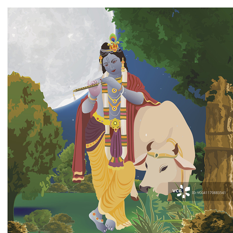 克里希纳勋爵在森林中与神牛一起吹笛图片素材