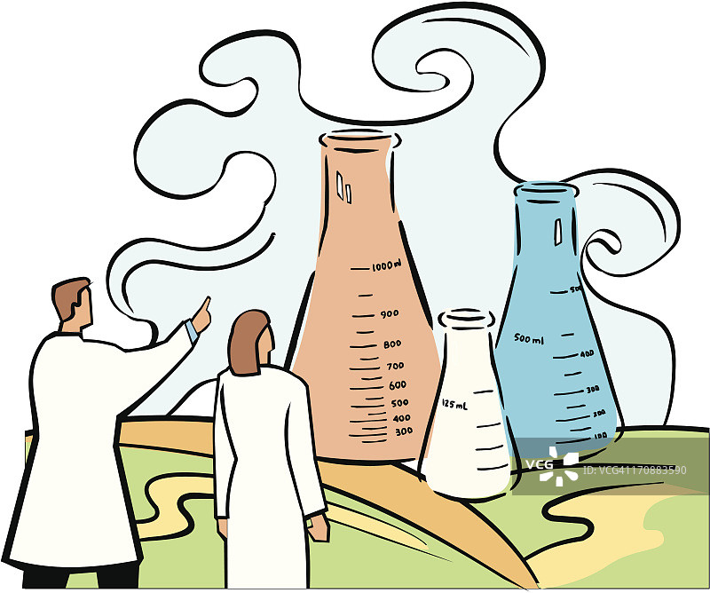 科学家指向烧杯，一位女科学家站立图片素材