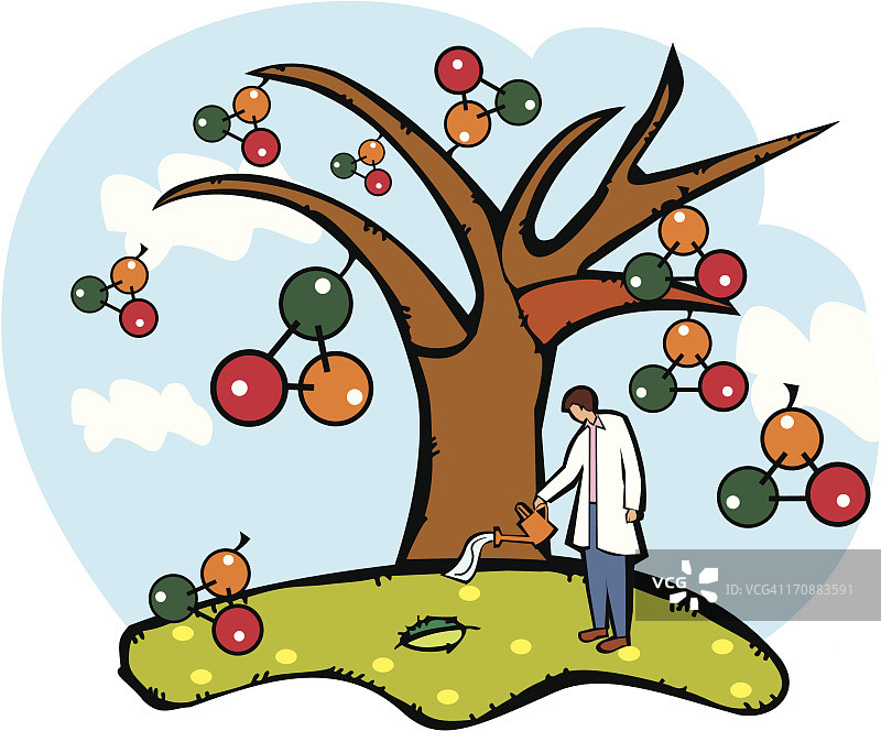 科学家给原子结构树浇水图片素材