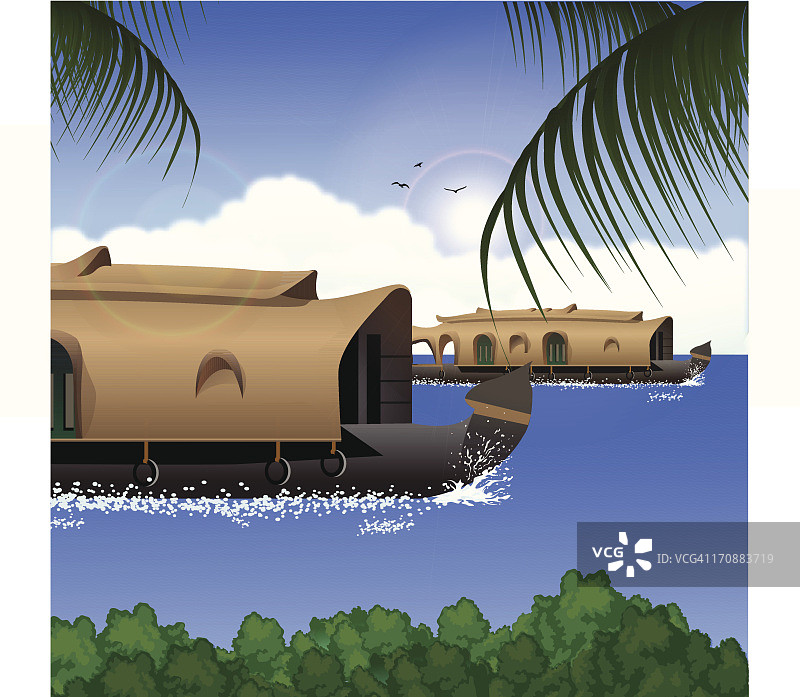 印度喀拉拉邦回水区湖中船屋图片素材