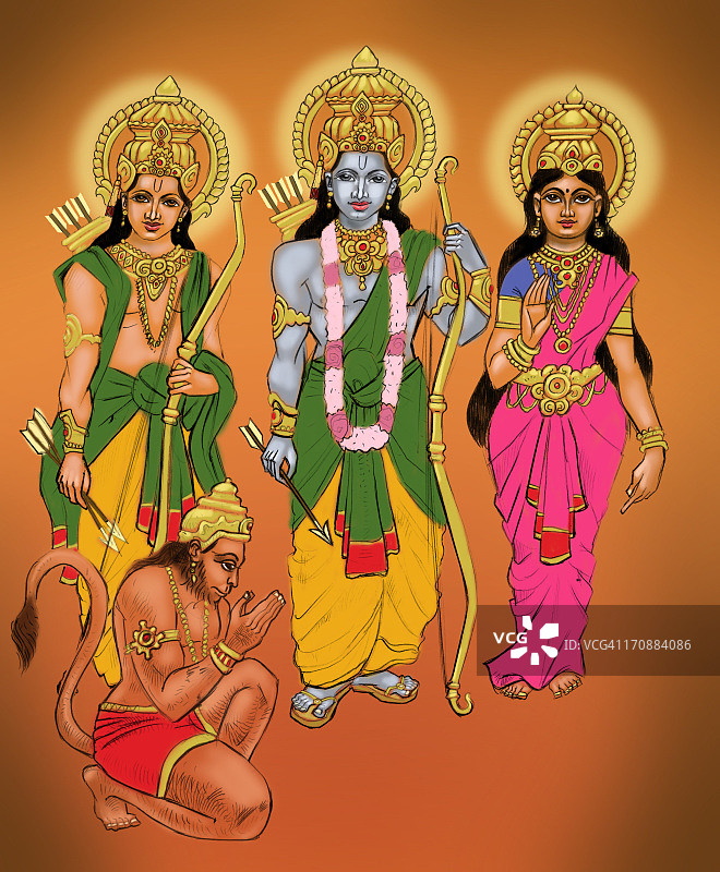 哈努曼向罗摩、悉多和拉克什曼鞠躬图片素材