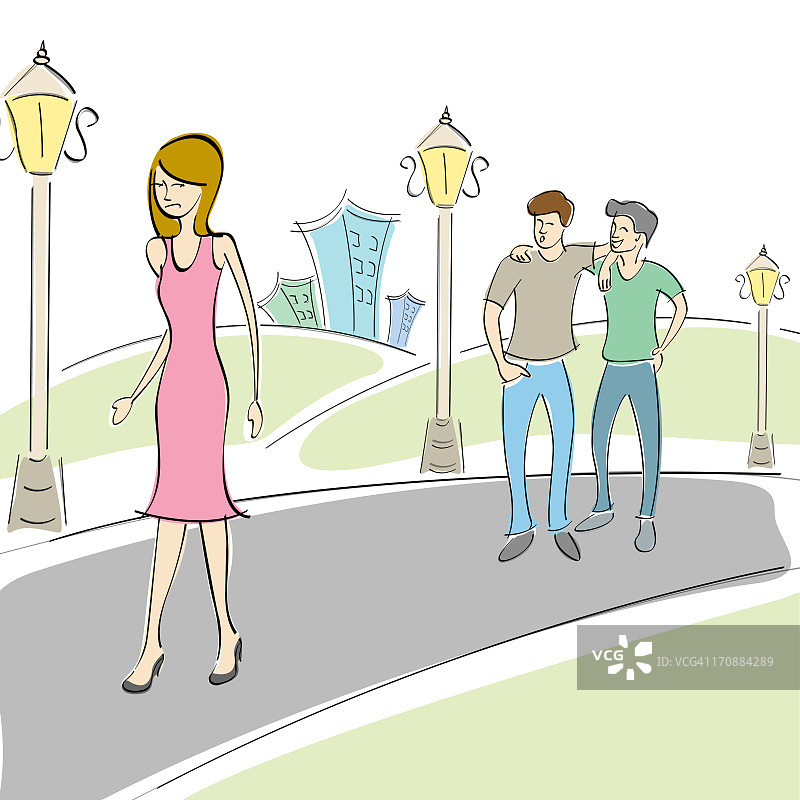 两个男人在街上对着路过的女人吹口哨图片素材