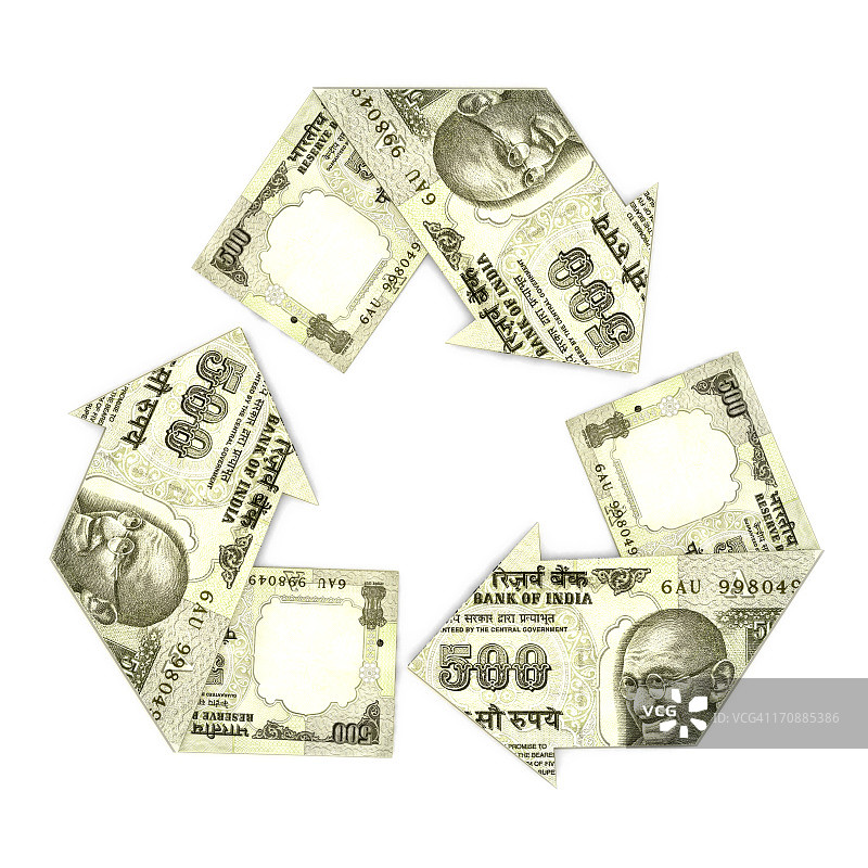 印度五百卢比纸币组成的回收标志图片素材