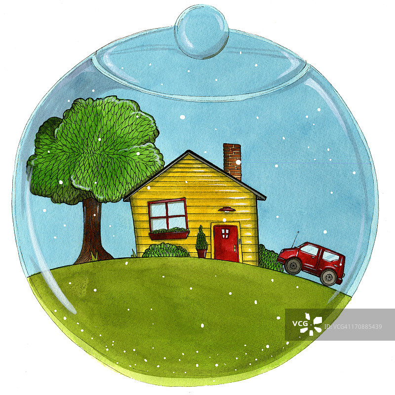 透明碗里的房屋和车辆的舒适生活图片素材