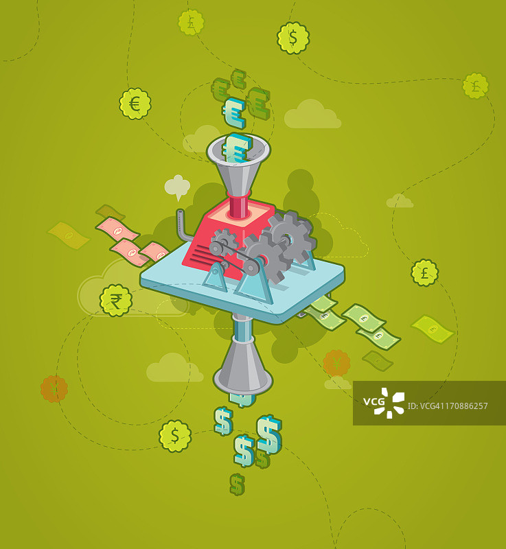 欧元符号进入机器，美元符号出来，描绘货币兑换概念的插画图片素材
